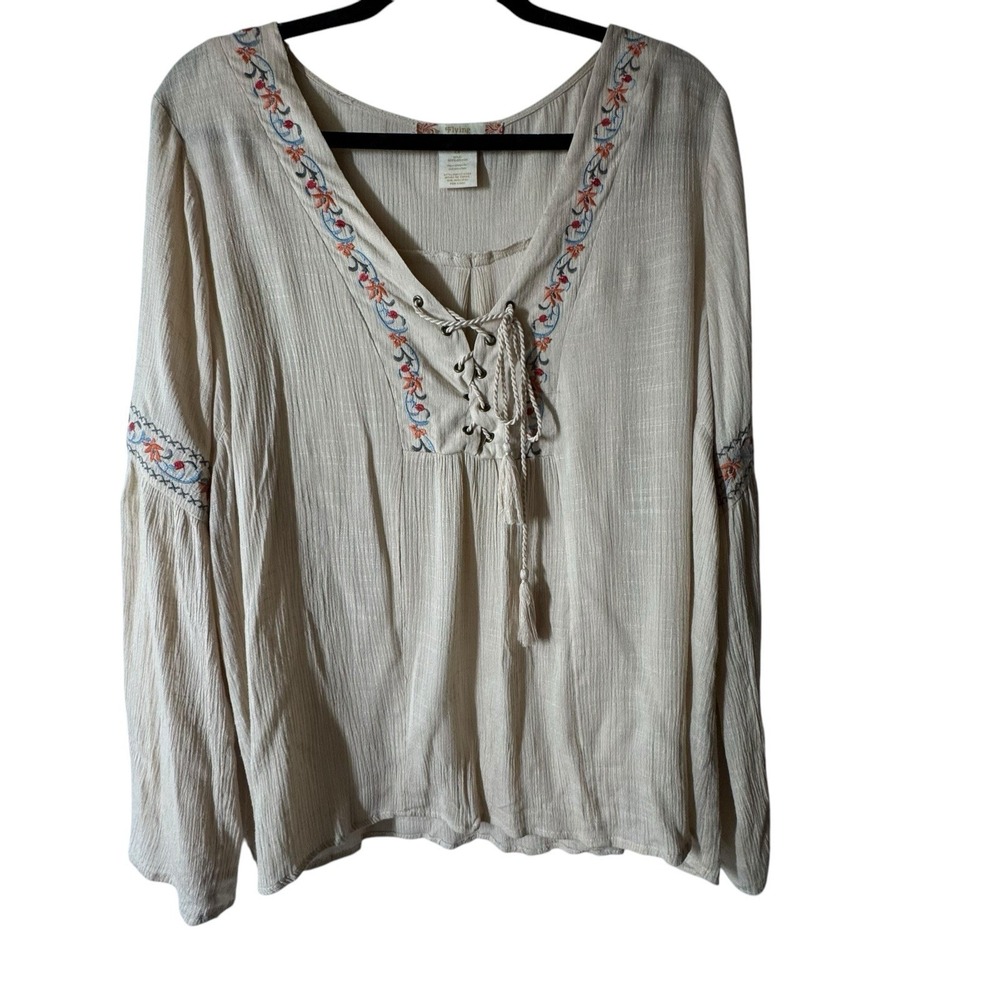 Flying‎ Tomato Top Women's Plus 2X Vanilla Lace-Up Neck Long Sleeve Boho